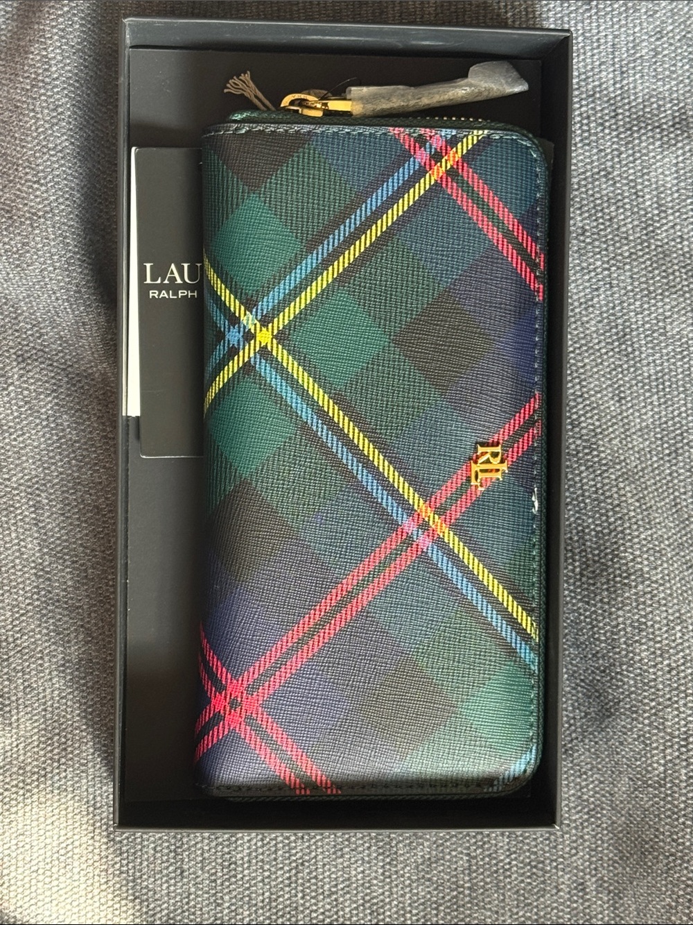 Ralph Lauren Green Tartan Zip Wallet with Multicolor Plaid